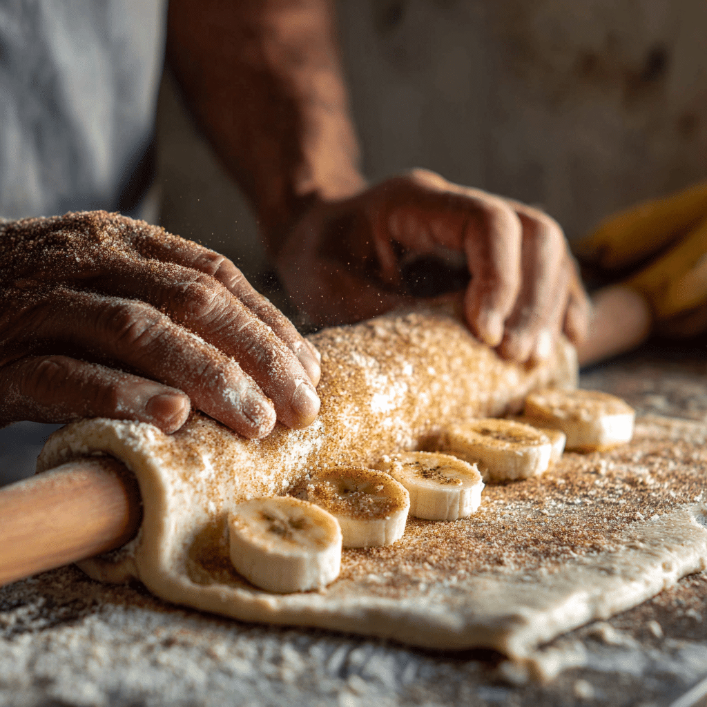 Rolling banana bread cinnamon rolls with filling