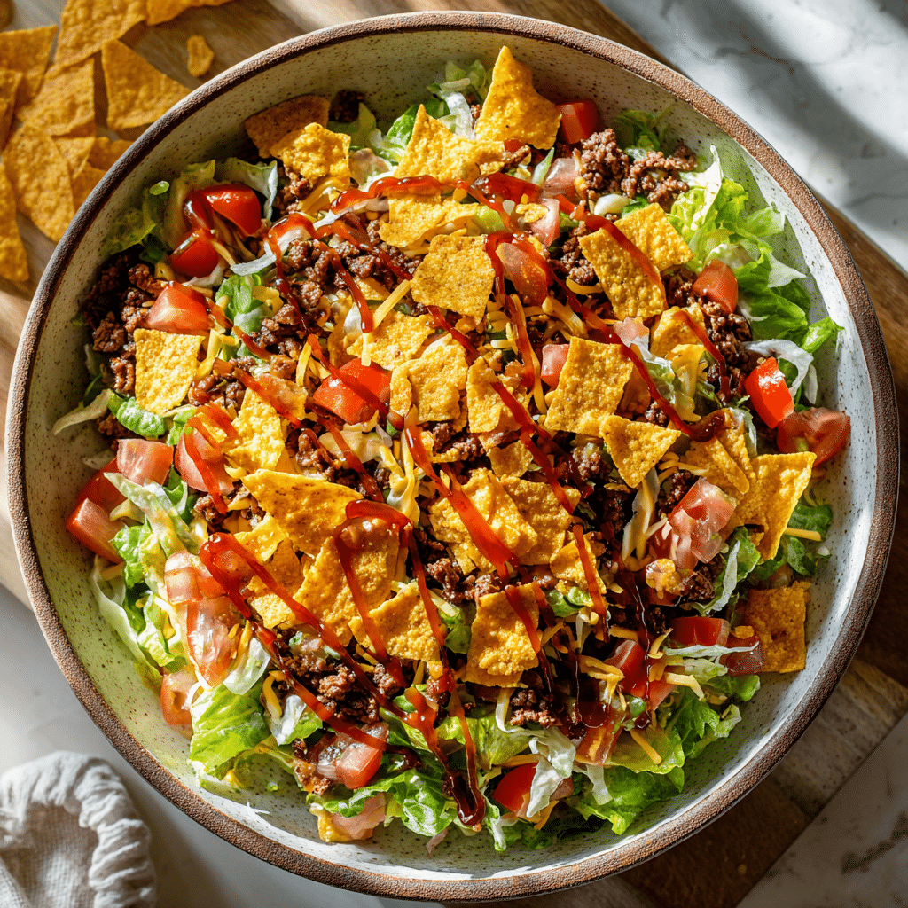 Taco salad with Catalina dressing and Doritos in a rustic serving bowl