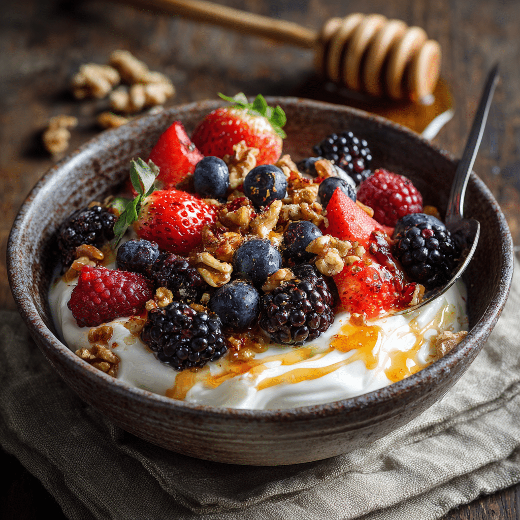 healthy greek yogurt dessert with berries and honey