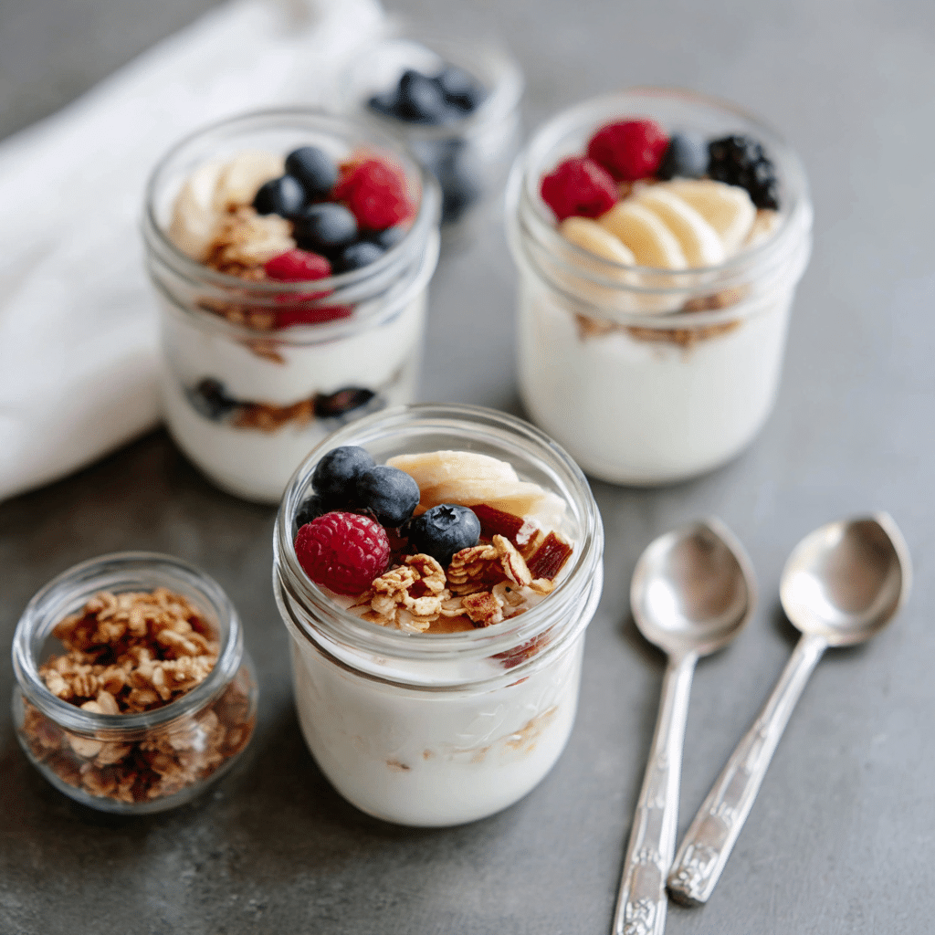 Variety of desserts using Greek yogurt on a kitchen counter