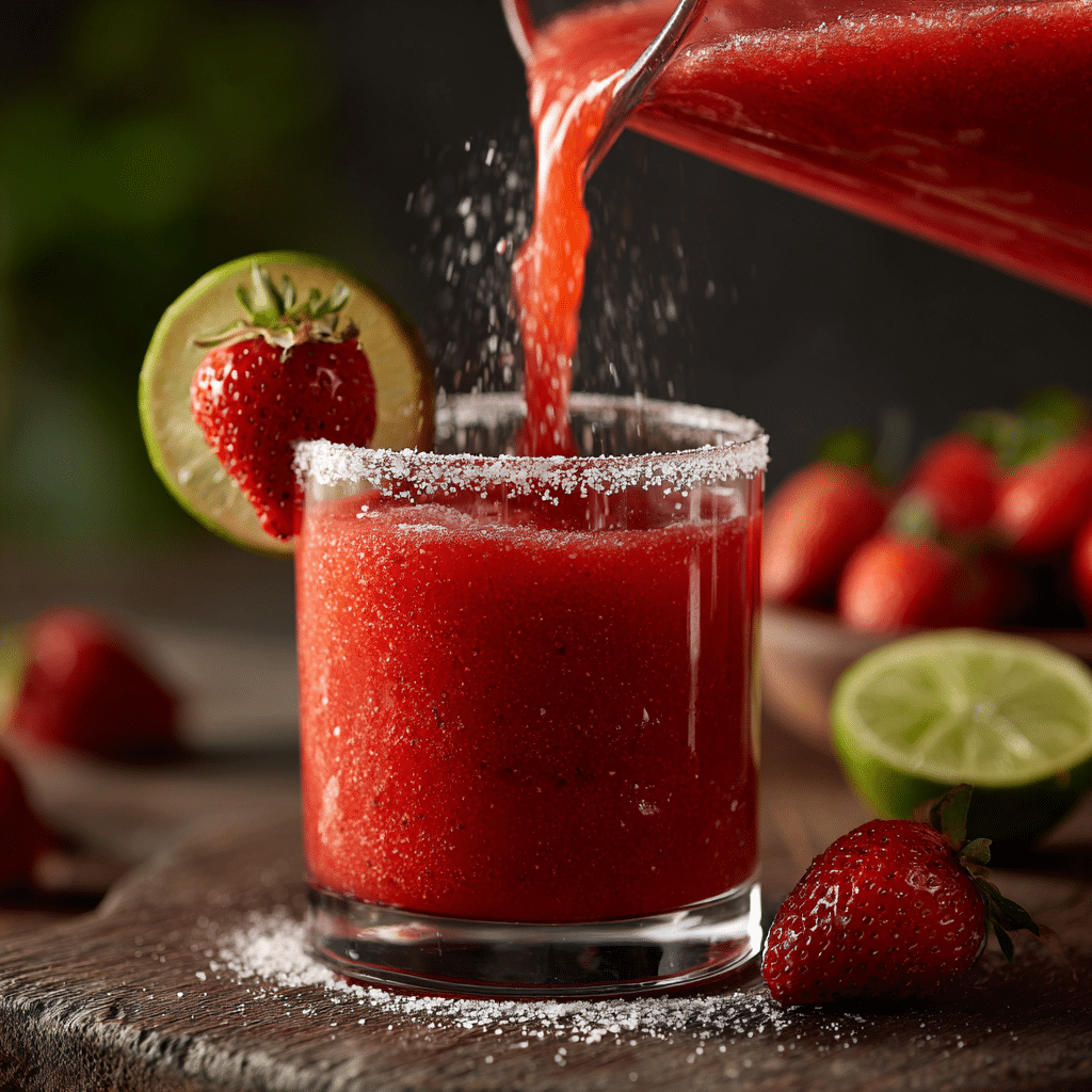 Pouring strawberry margarita mocktail into glass