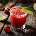 Non-alcoholic strawberry margarita in glass with lime