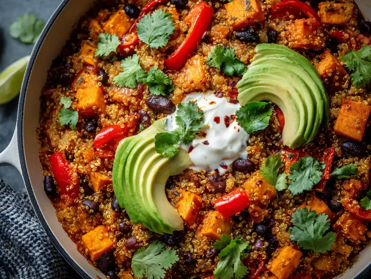High Protein High Fiber Cheesy Quinoa & Black Bean Taco Skillet (Easy Vegetarian Dinner) 2 High Protein High Fiber Cheesy Quinoa & Black Bean Taco Skillet (Easy Vegetarian Dinner)